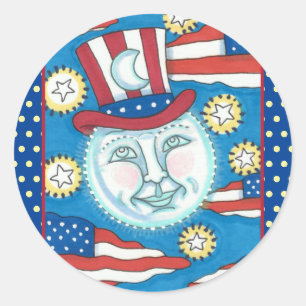 STICKER ROND L'AMÉRICANA FOLK ART PATRIOTIQUE HOMME DANS LA LUN