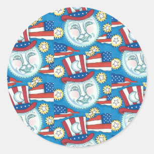 STICKER ROND L'AMÉRICANA FOLK ART PATRIOTIQUE HOMME DANS LA LUN