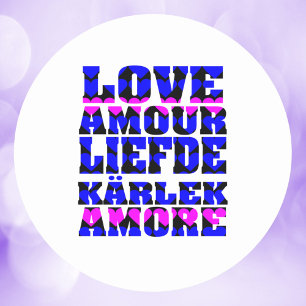 Sticker Rond L'amour dans de nombreuses langues Coeurs roses bl