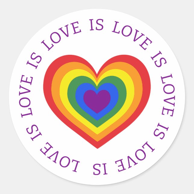 Sticker Rond L'amour est amour LGBTQ Coeur arc-en-ciel (Devant)