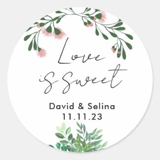 Sticker Rond L'amour est doux avec des fleurs et Mariage Feuill