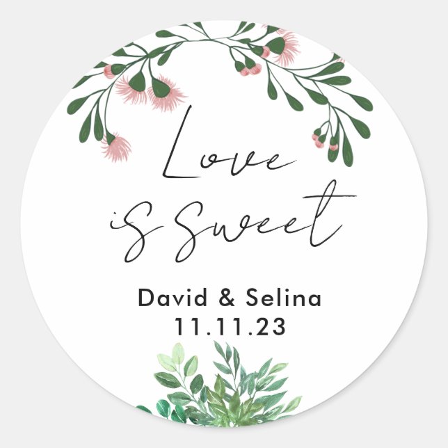 Sticker Rond L'amour est doux avec des fleurs et Mariage Feuill (Devant)