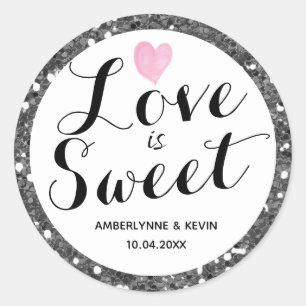 Sticker Rond L'amour est doux paillettes argentées