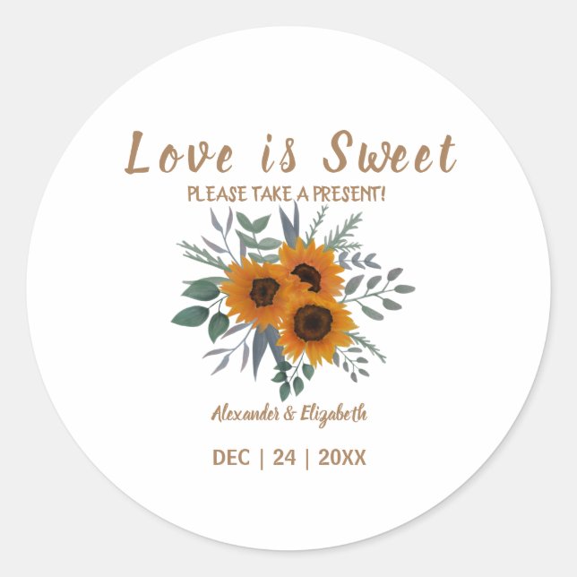 Sticker Rond L'amour est doux tournesols vert mariage présent (Devant)