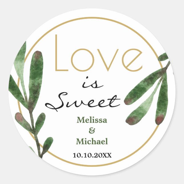 Sticker Rond L'amour est doux vert Merci Mariage (Devant)