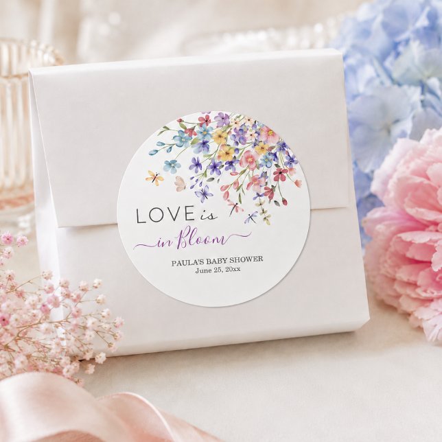 Sticker Rond L'amour est en fleurs Fête bébé libellules (Créateur téléchargé)