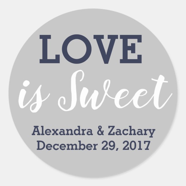 Sticker Rond L'amour est Sweet Navy Blue Silver Mariage Fiançai (Devant)