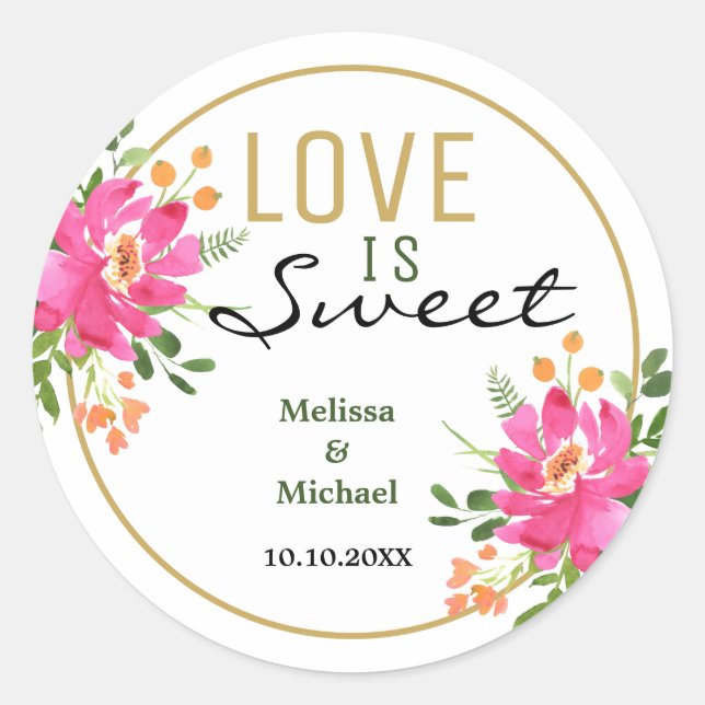 Sticker Rond L'amour est un Mariage Floral rose doux (Devant)
