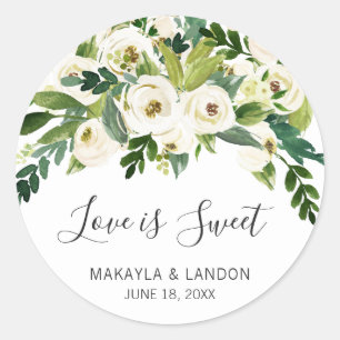 Sticker Rond L'Amour Est Vert Doux Blanc Floral Mariage