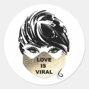 Sticker Rond L'Amour Est Virale Fille Coronavirus Or Masque Vis