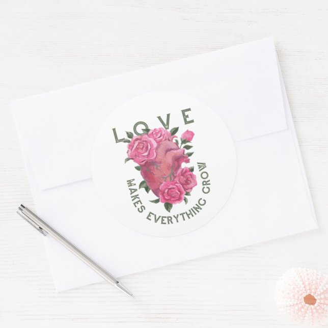 Sticker Rond L'amour fait tout grandir - Art Floral Romantique (Enveloppe)