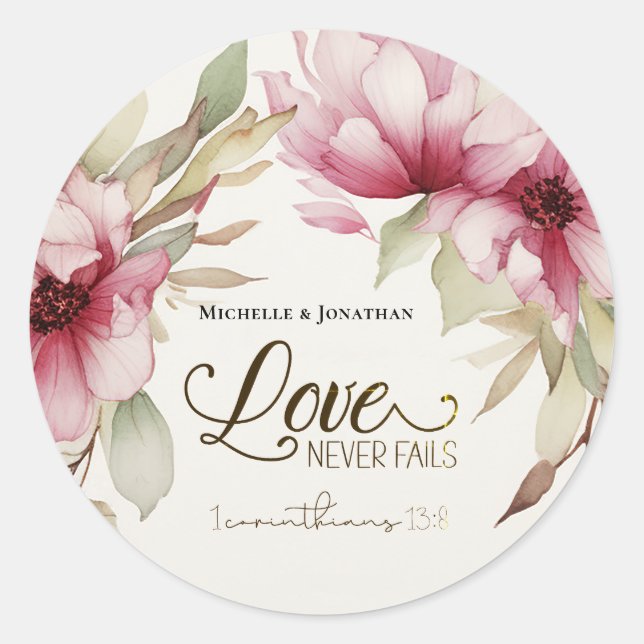 Sticker Rond L'amour n'échoue jamais Bible Verse Mariage rose F (Devant)