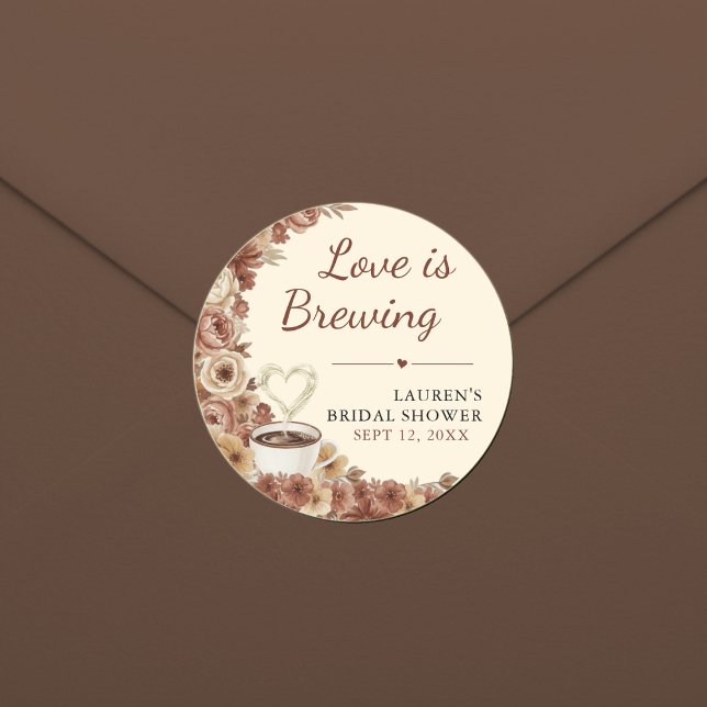 Sticker Rond L'amour se prépare Café floral Coeur Enterrement d (Love is Brewing Floral Coffee Heart Bridal Shower Classic Round Sticker
)