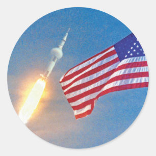 Sticker Rond Lancement d'Apollo 11 avec le drapeau américain