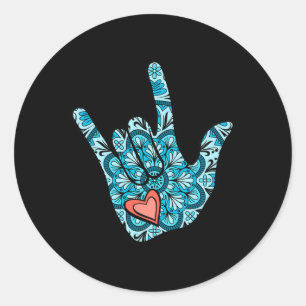Sticker Rond Langue des signes I Love You Gesture Heart Deaf Aw