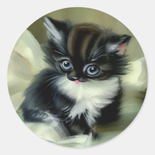 Sticker Rond Langue vintage de Kitten noir et blanc