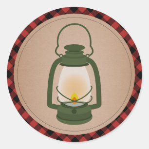 Sticker Rond Lanterne de Camping Vert Plaid