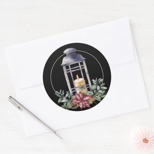 Sticker Rond Lanterne de Noël avec bougie sur noir (Enveloppe)