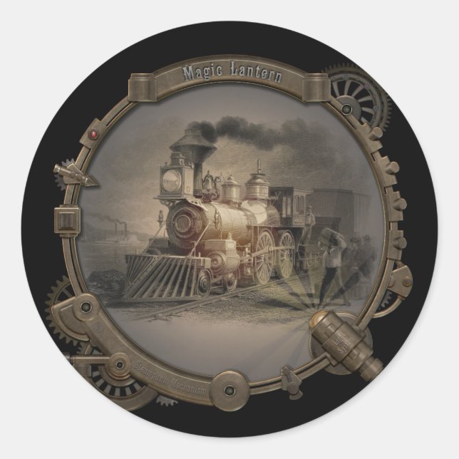 Sticker Rond Lanterne magique - Cadre style Steampunk. (Devant)
