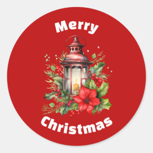 Sticker Rond Lanterne rouge de Noël Poinsettia et pin