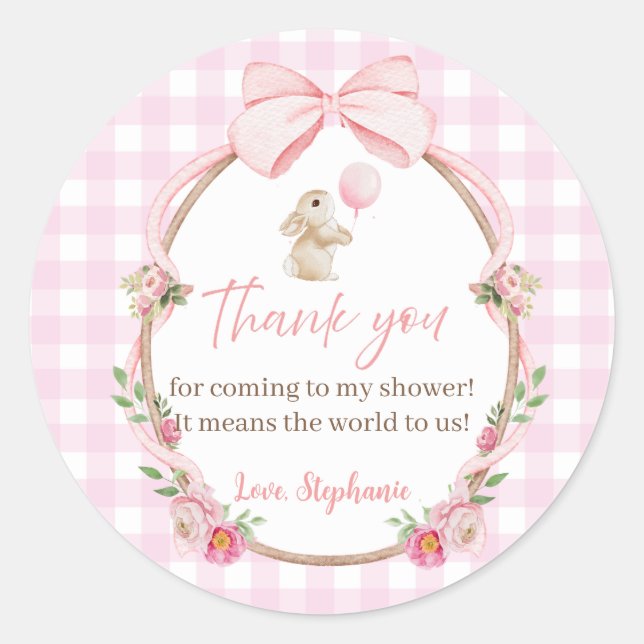 Sticker Rond Lapin à ruban rose Merci (Devant)