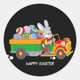Sticker Rond Lapin Animé Avec Camion plein d'oeufs colorés