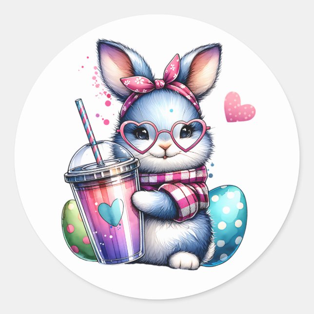 Sticker Rond Lapin avec cappucino (Devant)