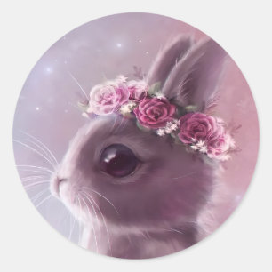 Sticker Rond Lapin avec couronne de fleurs