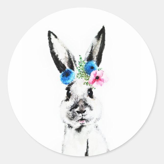 Sticker Rond Lapin avec des fleurs (Devant)