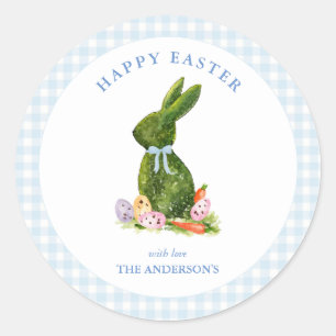 Sticker Rond Lapin avec frontière en vichy bleue Joyeux Pâques