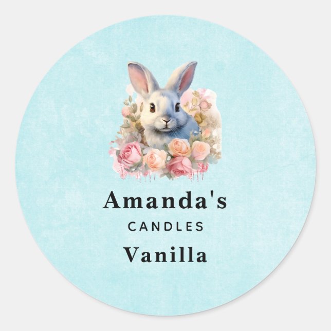Sticker Rond Lapin avec une guirlande de roses Mignon (Devant)