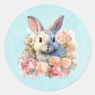 Sticker Rond Lapin avec une guirlande de roses Mignon