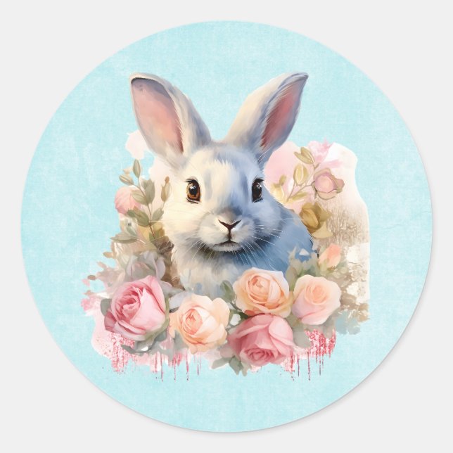 Sticker Rond Lapin avec une guirlande de roses Mignon (Devant)