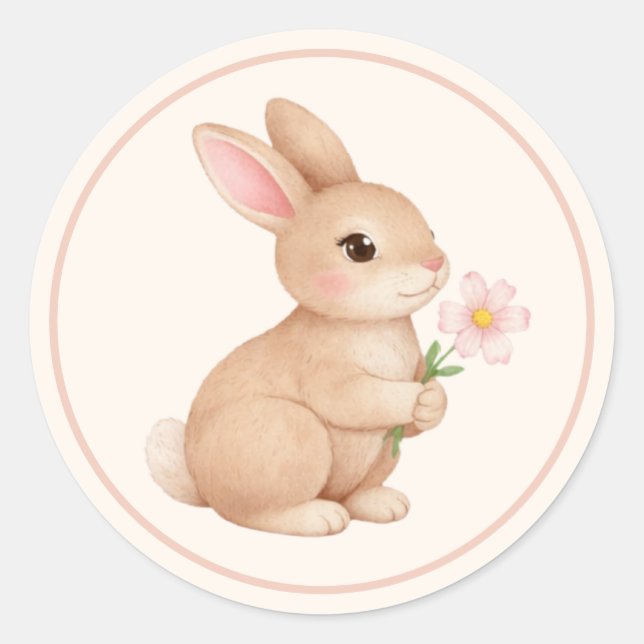 Sticker Rond Lapin bébé avec fleur rose  (Devant)