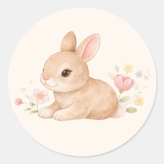 Sticker Rond Lapin Bébé Mignon Fleurs Roses (Devant)