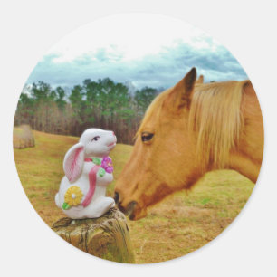 Sticker Rond Lapin blanc et Cheval jaune