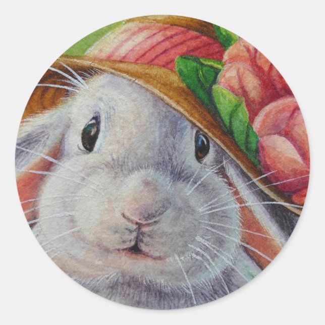 Sticker Rond Lapin blanc lapin dans l'art d'aquarelle Bonnet pr (Devant)