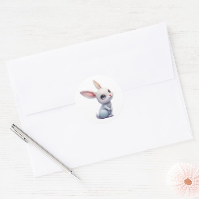 Sticker Rond Lapin Blanc Mignon aux Grands Yeux Bleus (Enveloppe)