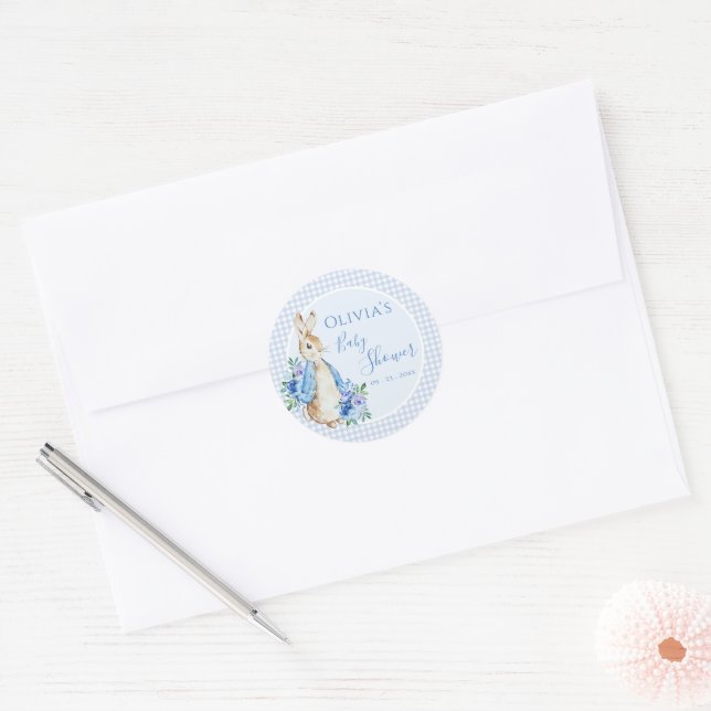 Sticker Rond Lapin bleu En vichy Baby shower aquarelle (Enveloppe)