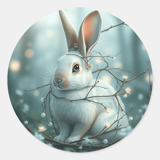 Sticker Rond Lapin bleu pastel avec brindilles et fleurs (Devant)