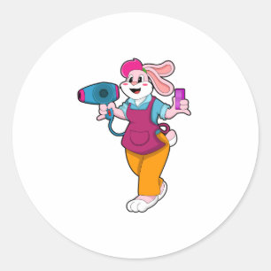Sticker Rond Lapin coiffeur avec sèche-cheveux et peigne