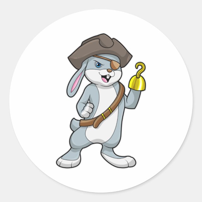Sticker Rond Lapin comme Pirate avec crochet main et casquette  (Devant)