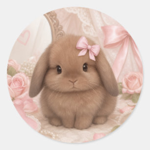 Sticker Rond lapin coquet ruban rose