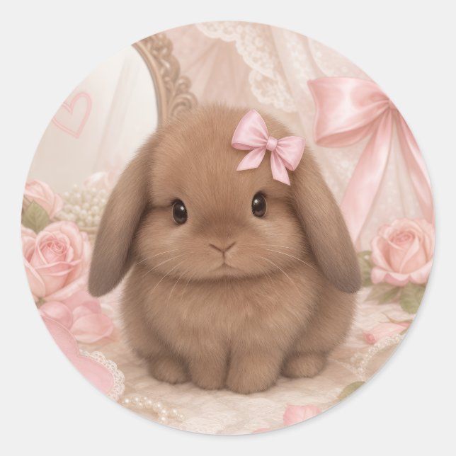 Sticker Rond lapin coquet ruban rose  (Devant)