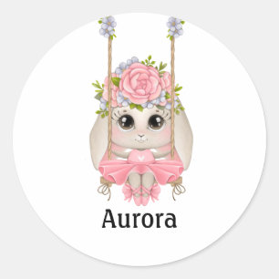 Sticker Rond Lapin de ballet sur une balançoire avec fleurs Cla