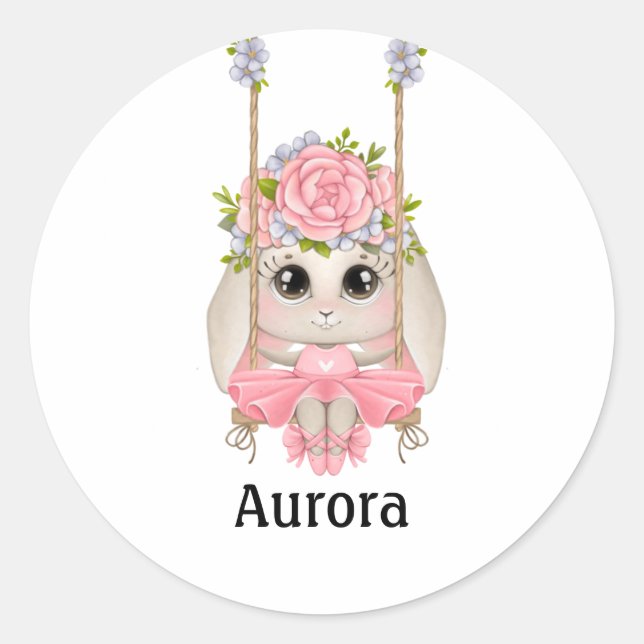 Sticker Rond Lapin de ballet sur une balançoire avec fleurs Cla (Devant)