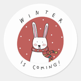 STICKER ROND LAPIN DE FÊTE AVEC ÉCHARPE L'HIVER ARRIVE