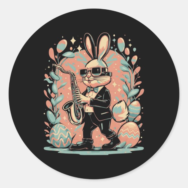 Sticker Rond Lapin de jour de Pâques Jazz Saxophone  (Devant)