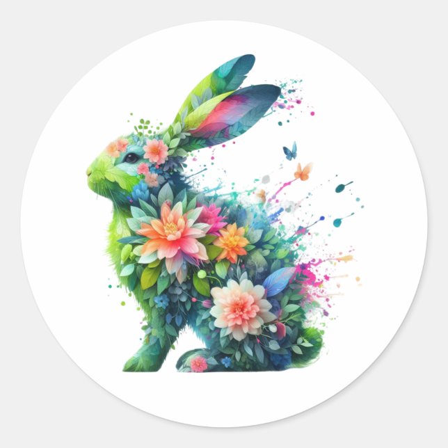 Sticker Rond Lapin de lapin de puissance de fleurs (Devant)