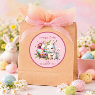 Sticker Rond Lapin de Pâques aquarelle rose adorable